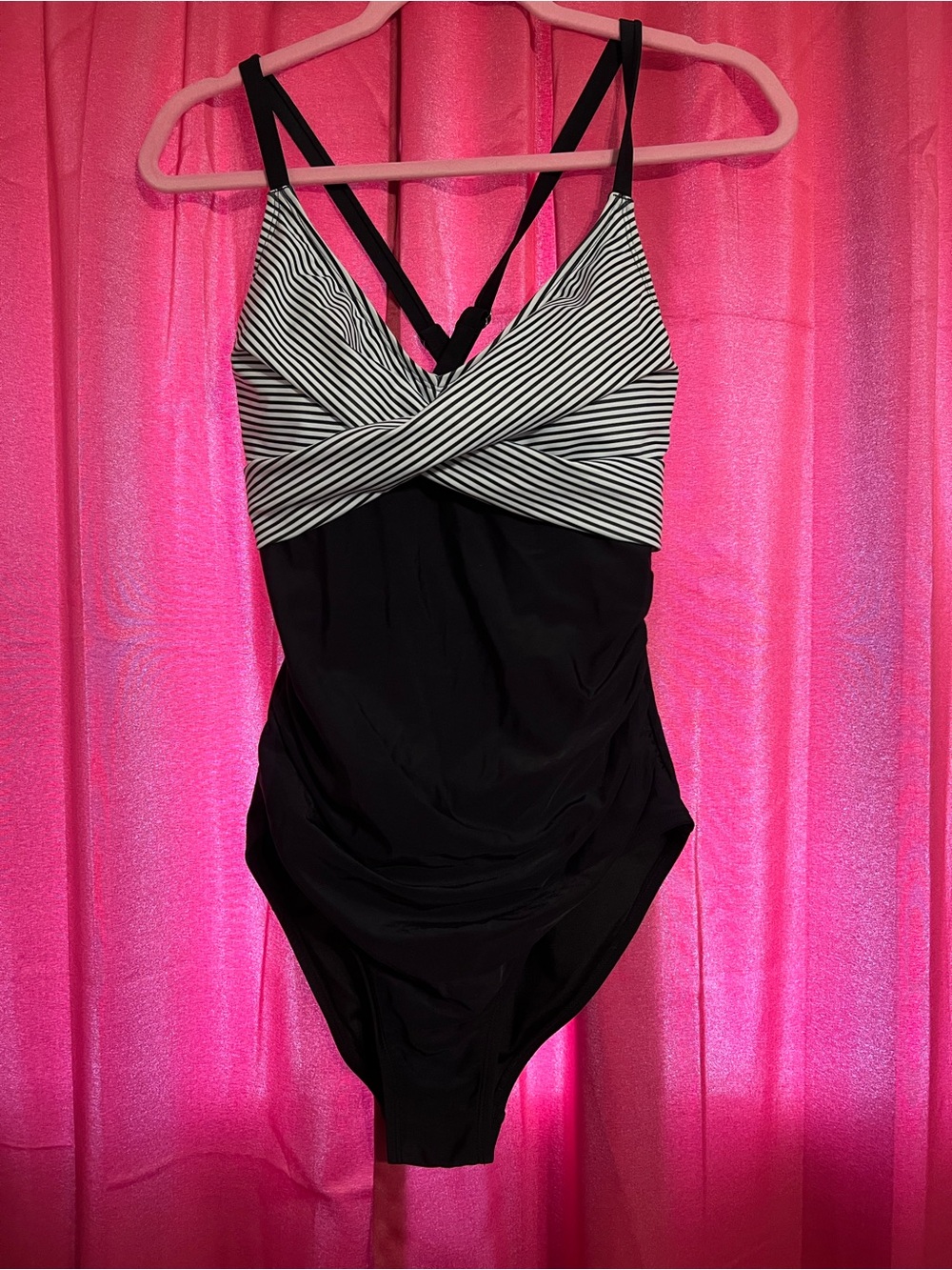 Black One-Piece Swimsuit with Striped Bust